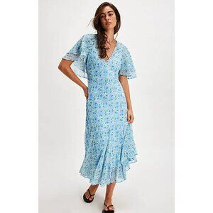 Free People Ruffle Spring Elisandra Midi Maxi Dress Sky Blue Floral NWOT Xsmall